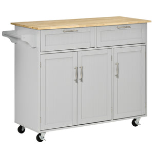 Rolling kitchen island with 2 storage drawers, 3 cupboards with doors and towel rail - Grey