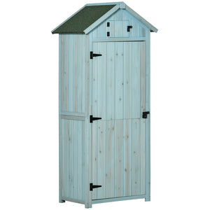 Outdoor garden shed for tools and accessories, with 3 shelves, blue