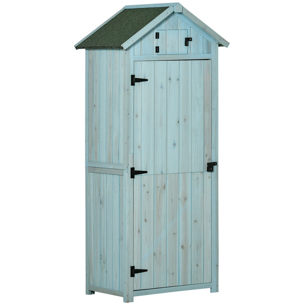 Outdoor garden shed for tools and accessories, with 3 shelves, blue