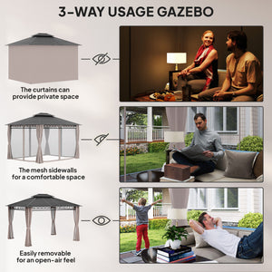 10' x 12' Outdoor Gazebo Canopy, Double Roof Hardtop Gazebo with Polycarbonate Roof, Steel Frame, Nettings and Curtains, for Garden, Lawn, Backyard and Deck, Khaki