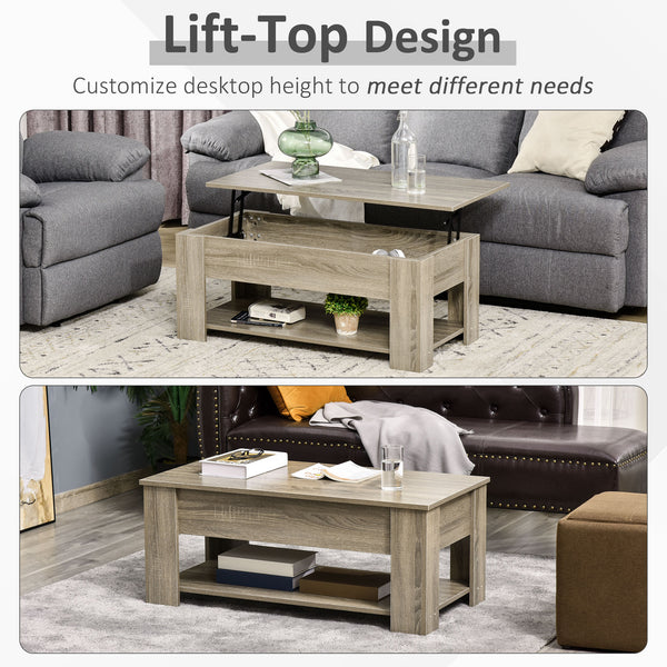 Lift-top coffee table with hidden storage compartment and open shelf, gray