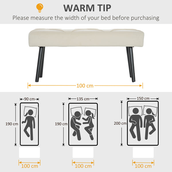 Modern upholstered bedroom bench with steel legs, cream white