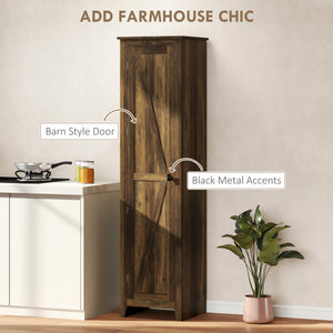 Tall storage cabinet with barn door and adjustable shelves, brown