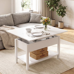 Lift-top extendable coffee table with double surface and integrated storage, white
