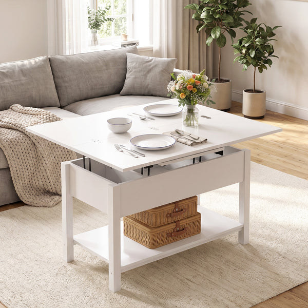 Lift-top extendable coffee table with double surface and integrated storage, white