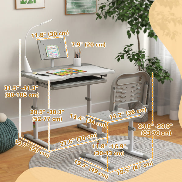 Height-adjustable desk and chair set with tilting top, gray