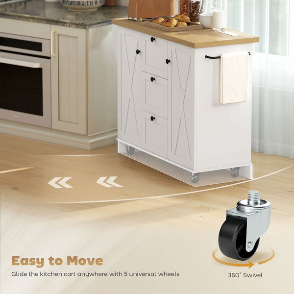 Farmhouse style kitchen island with electrical outlet, soft-close doors, and 3 drawers, white