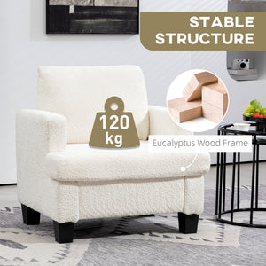 Modern chenille upholstered armchair with wooden frame and back cushion, cream white