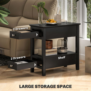 Narrow side table with charging station and storage shelf, black