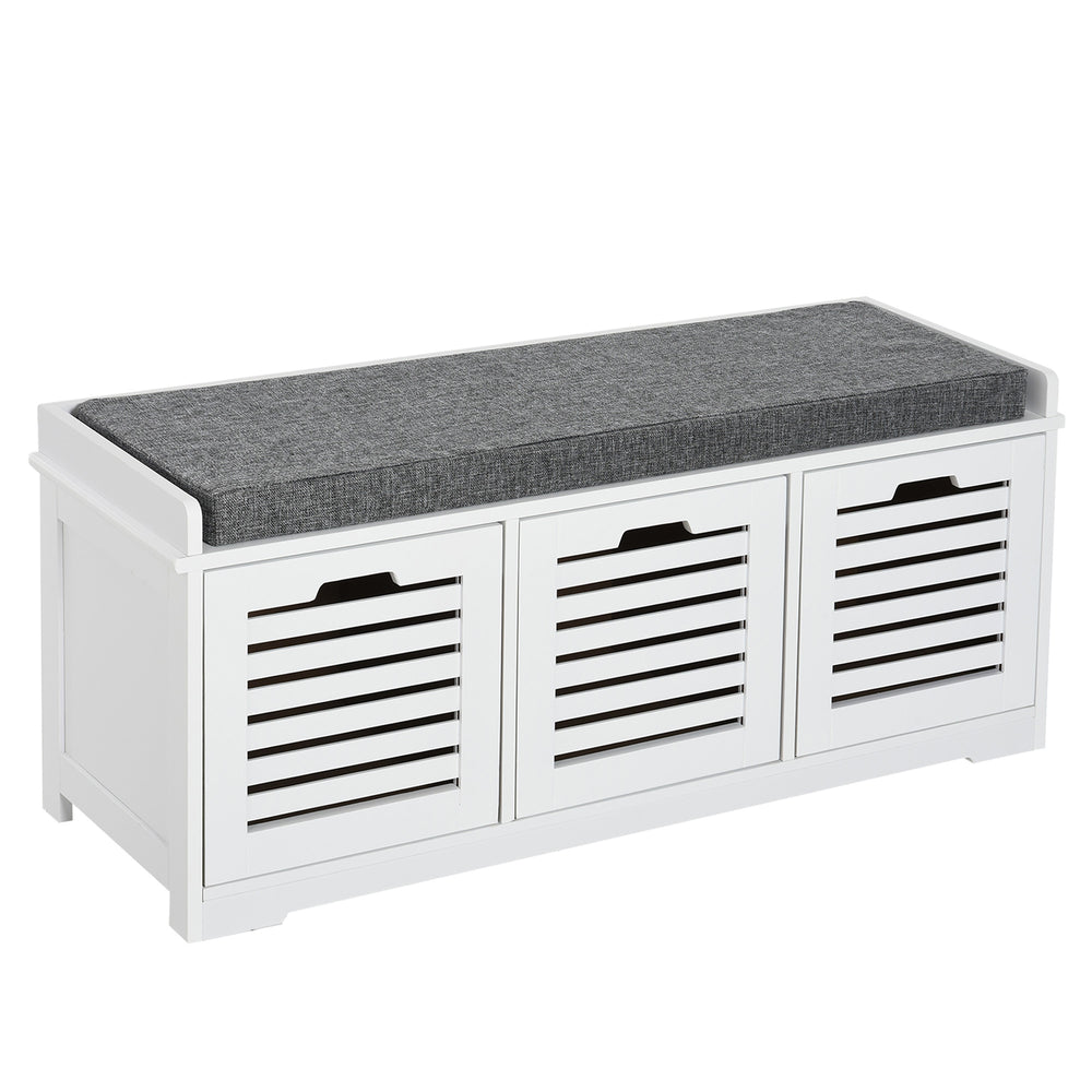 Padded storage bench with cushion and 3 drawers, white