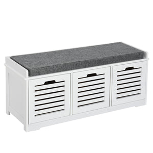 Padded storage bench with cushion and 3 drawers, white