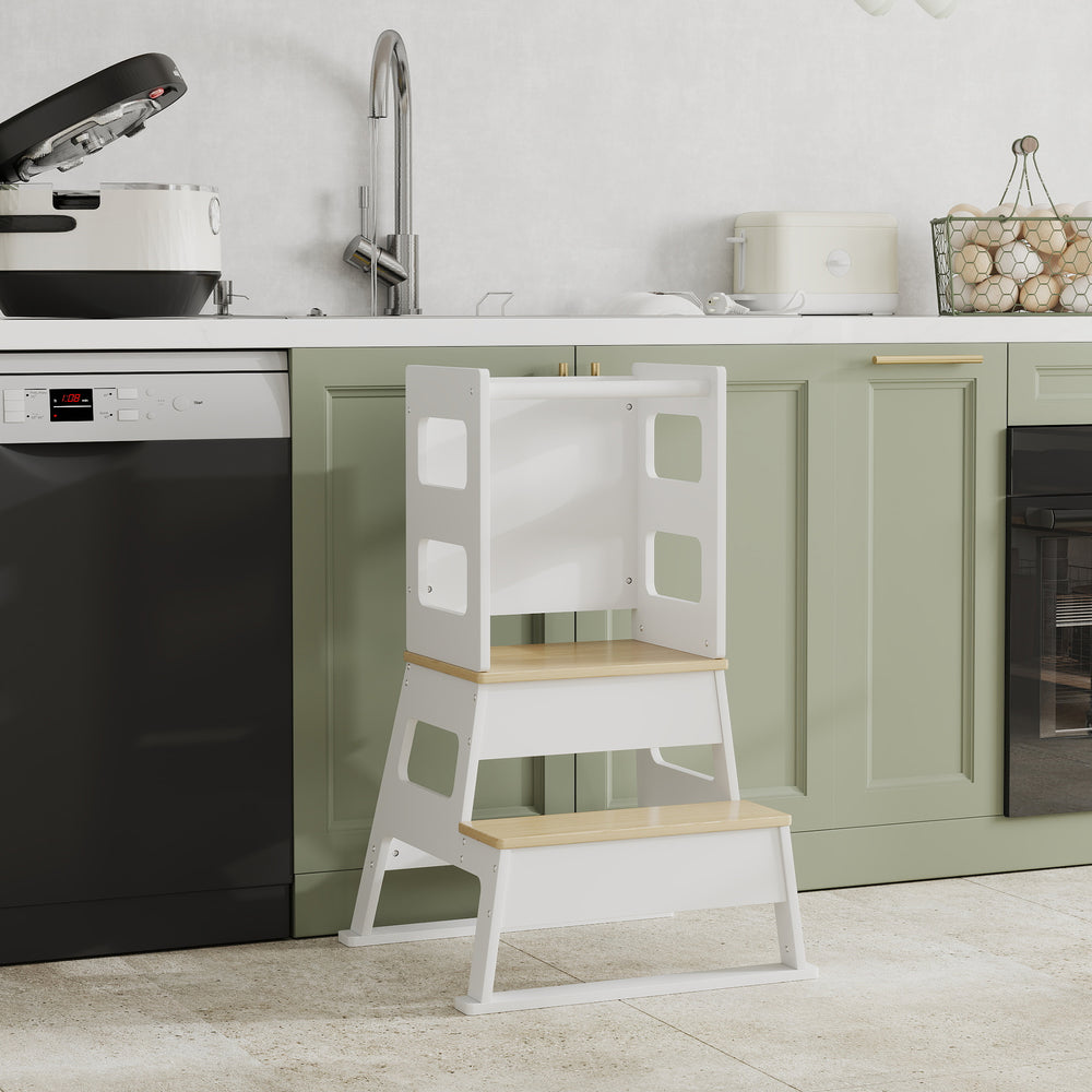 2-in-1 Toddler Kitchen Tower with Chalkboard and Safety Rail, White