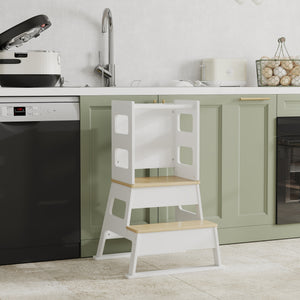 2-in-1 Toddler Kitchen Tower with Chalkboard and Safety Rail, White