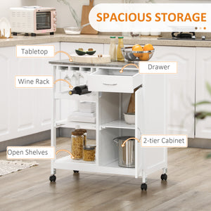 Rolling kitchen trolley with wooden top and drawer, white