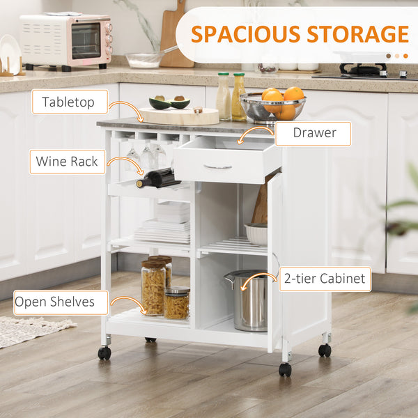 Rolling kitchen trolley with wooden top and drawer, white