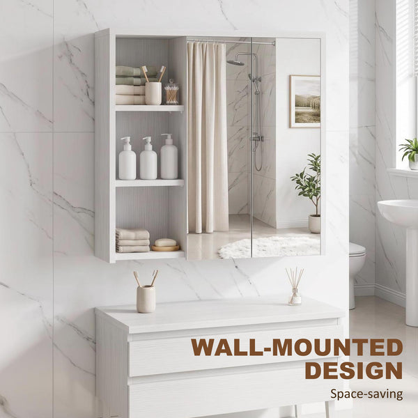 Wall-mounted cabinet with mirrors and shelves, white wood effect