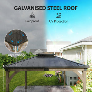 12' x 14' gazebo with rigid galvanized steel roof, wooden frame, double roof, light walnut color