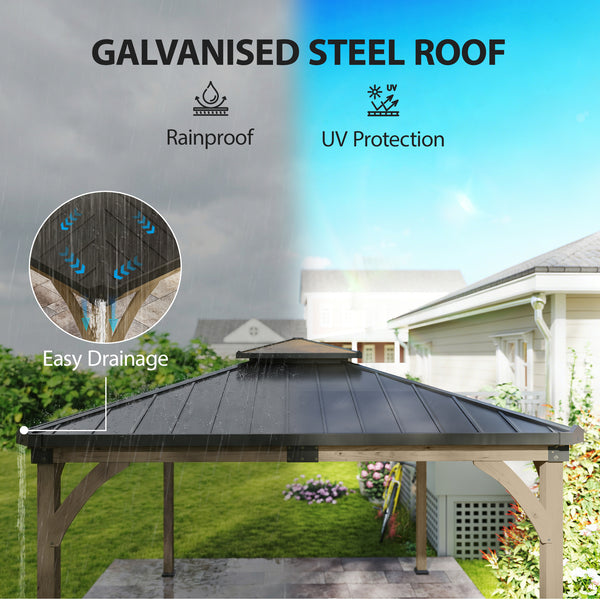12' x 14' gazebo with rigid galvanized steel roof, wooden frame, double roof, light walnut color