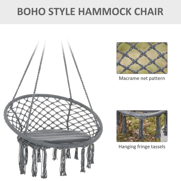 Hanging rope hammock with backrest, dark grey