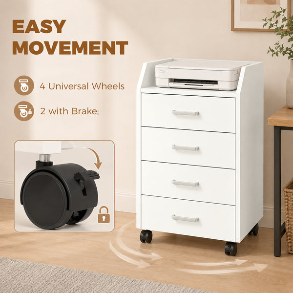 4-drawer mobile file cabinet with casters and brakes – White