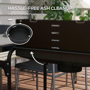 Height-adjustable charcoal barbecue with ash catcher and wheels, black