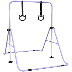 Foldable and height-adjustable gymnastics bar with gymnastic rings, purple