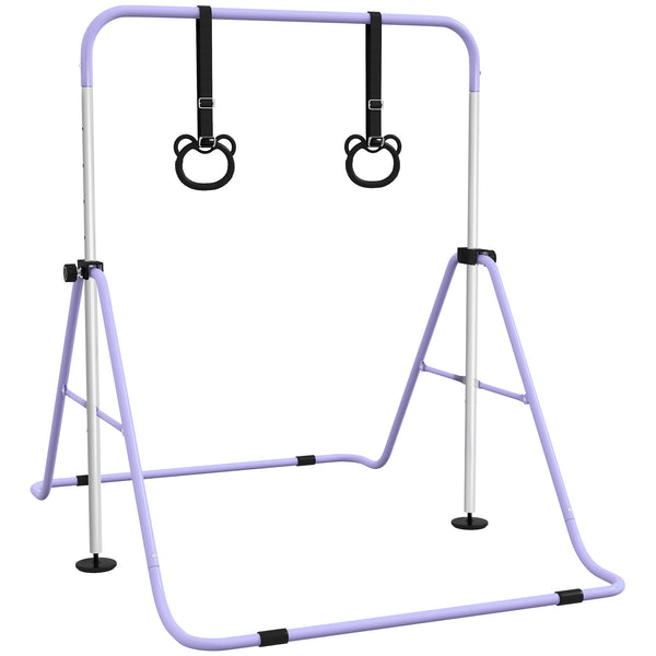 Foldable and height-adjustable gymnastics bar with gymnastic rings, purple