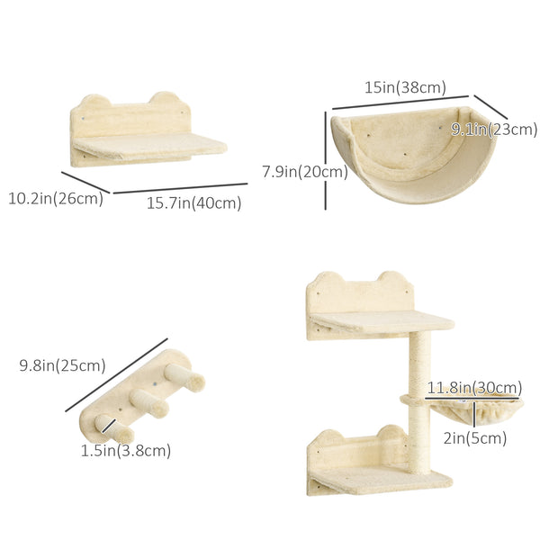 Wall-mounted cat shelves including a hammock and a scratching post, beige.