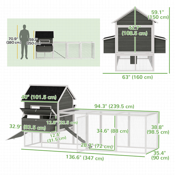137" Wooden Chicken Coop with Chicken Run, Nesting Box, Dark Grey
