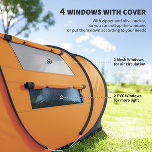 2-Person Camping Tent, Easy Setup Pop-Up Tent with Doors, Windows, and Carry Bag, Automatic Setup, Orange