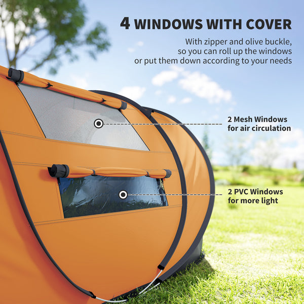 2-Person Camping Tent, Easy Setup Pop-Up Tent with Doors, Windows, and Carry Bag, Automatic Setup, Orange