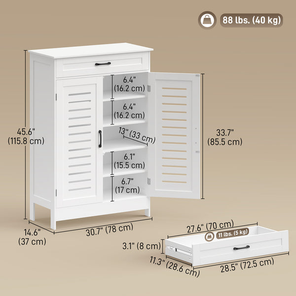 Shoe cabinet with louvered doors, drawer and adjustable shelves, white