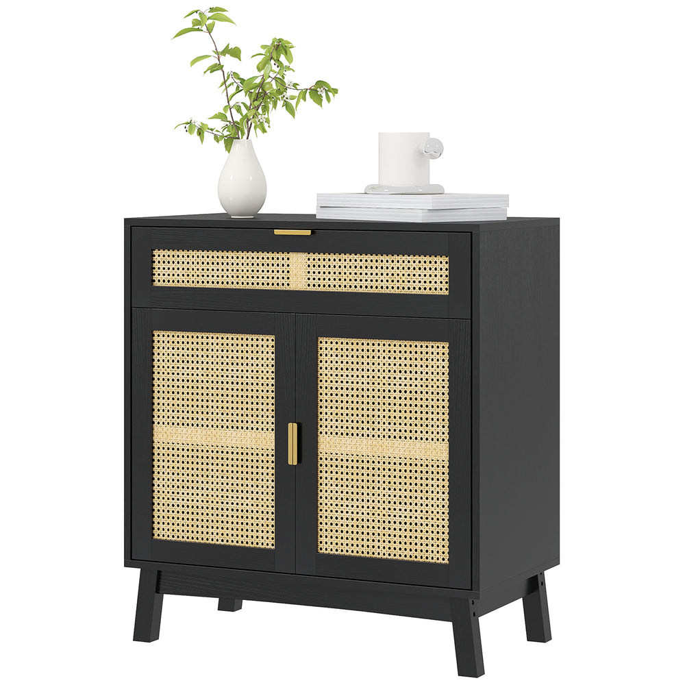 Bohemian style sideboard with rattan doors, black