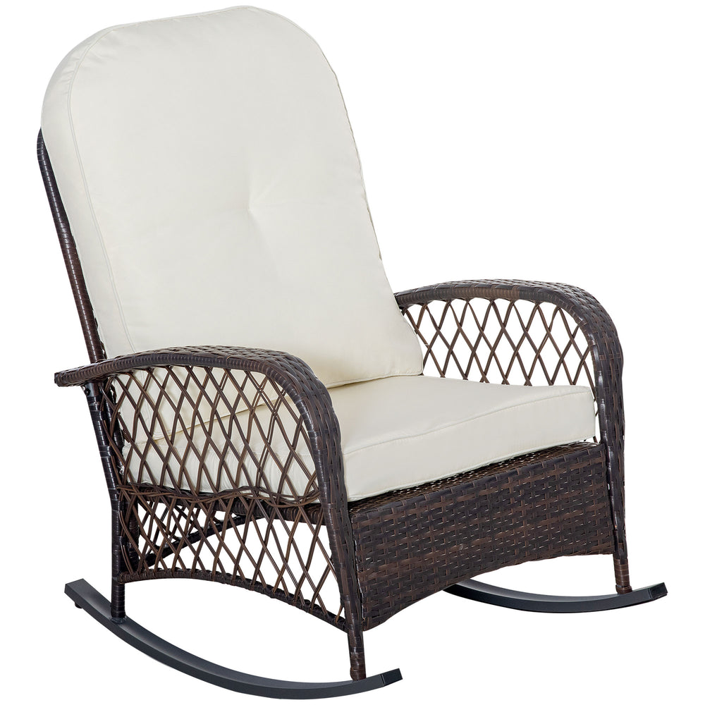 Rattan and wicker rocking chair with thick cushions, cream white