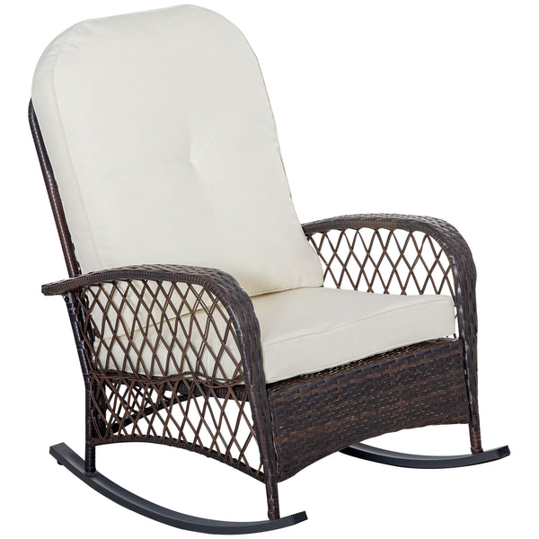 Rattan and wicker rocking chair with thick cushions, cream white