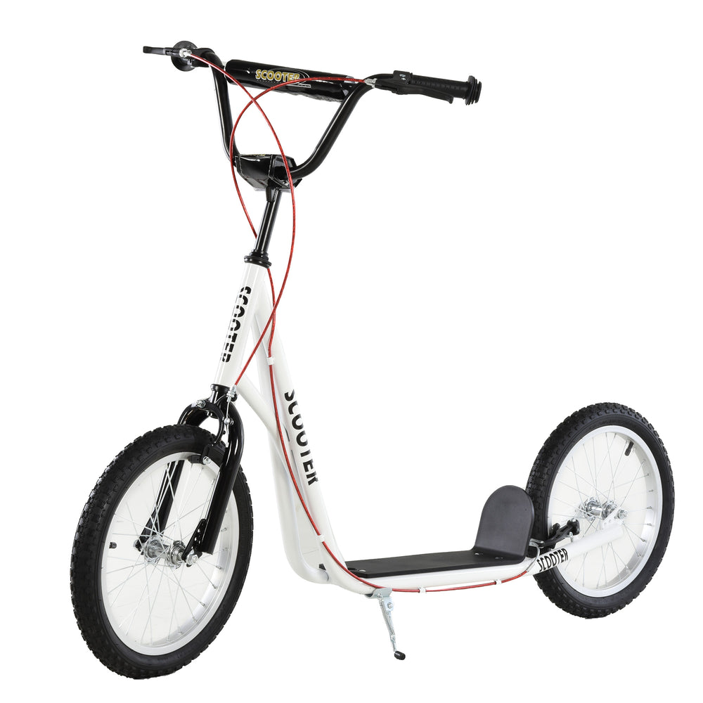Scooter with 16-inch inflatable wheels and double brakes, white