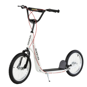 Scooter with 16-inch inflatable wheels and double brakes, white