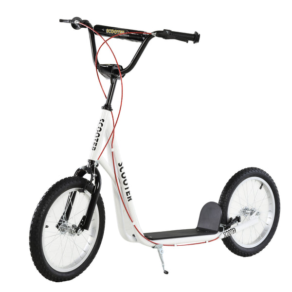 Scooter with 16-inch inflatable wheels and double brakes, white