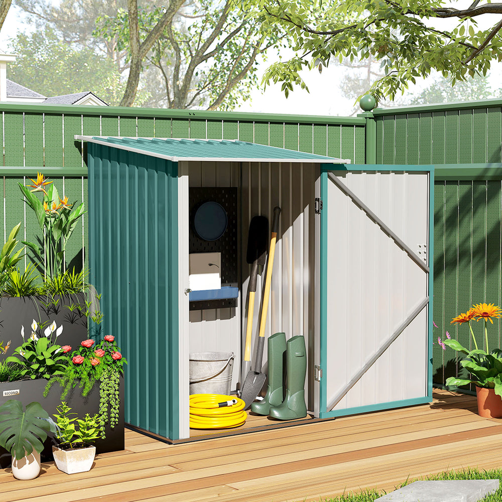 Lean-to garden shed in galvanized steel with lockable door, green
