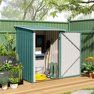 Lean-to garden shed in galvanized steel with lockable door, green