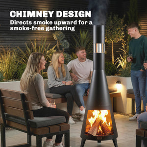 Outdoor wood-burning fire pit with chimney, poker, and spark screen, black