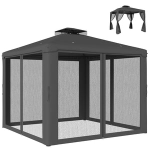9.6' x 9.6' garden pavilion with steel frame and mosquito netting, dark grey