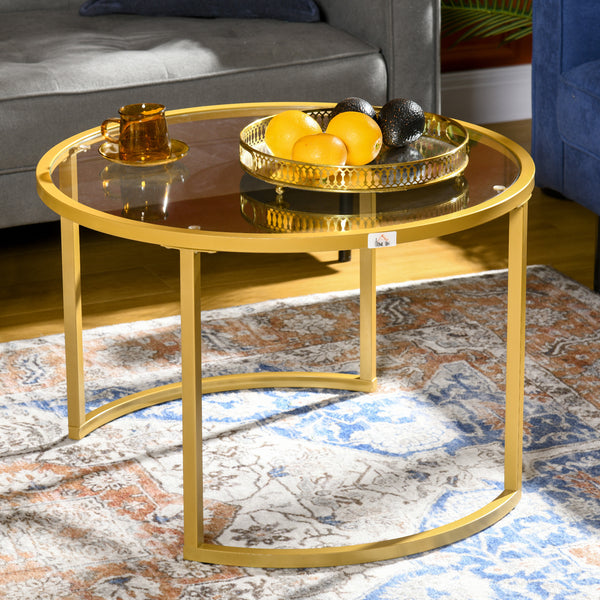 Set of 2 modern round coffee tables with gold tempered glass top