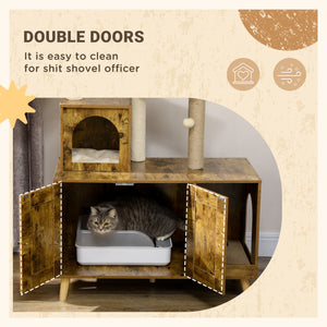 Litter box furniture with cat tree tower, rustic brown