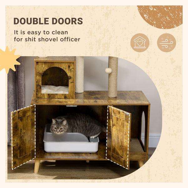 Litter box furniture with cat tree tower, rustic brown