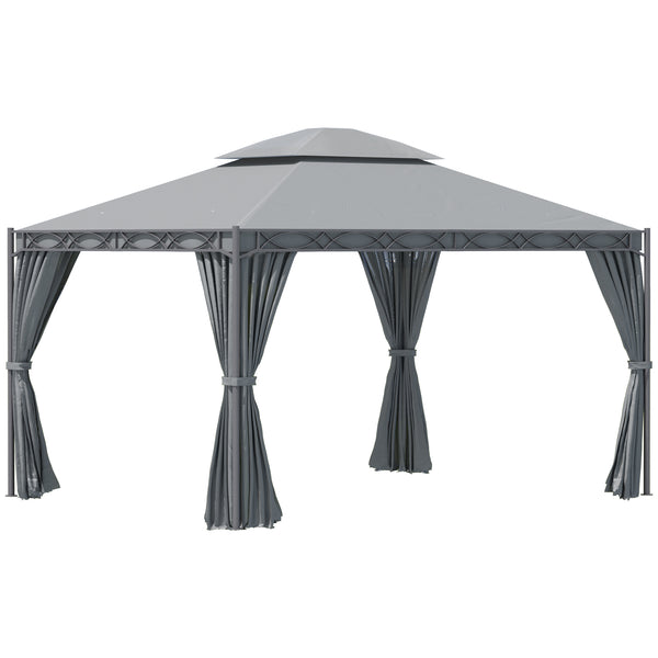 10'x13' Two-Tier Steel Covered Gazebo with Curtain, Gray
