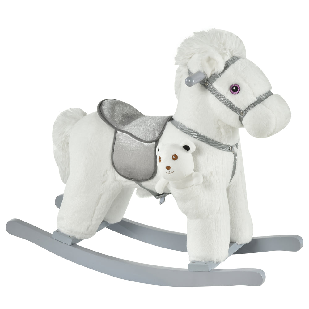 Plush Rocking Horse with Teddy Bear, White