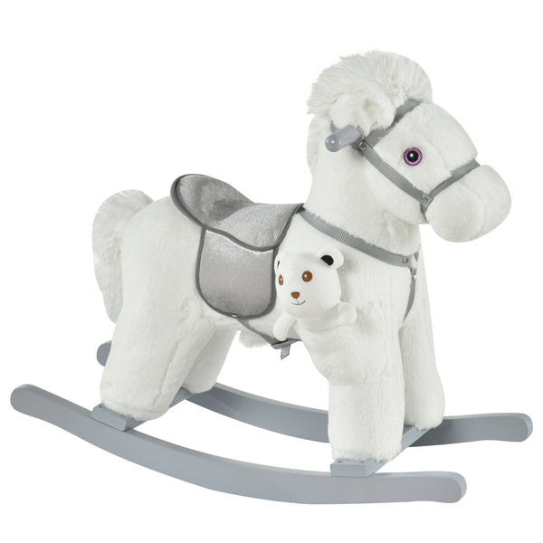 Plush Rocking Horse with Teddy Bear, White