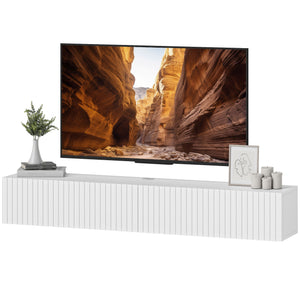 Floating wall-mounted TV unit for TVs up to 72 inches with 2 fluted drop-down doors, white