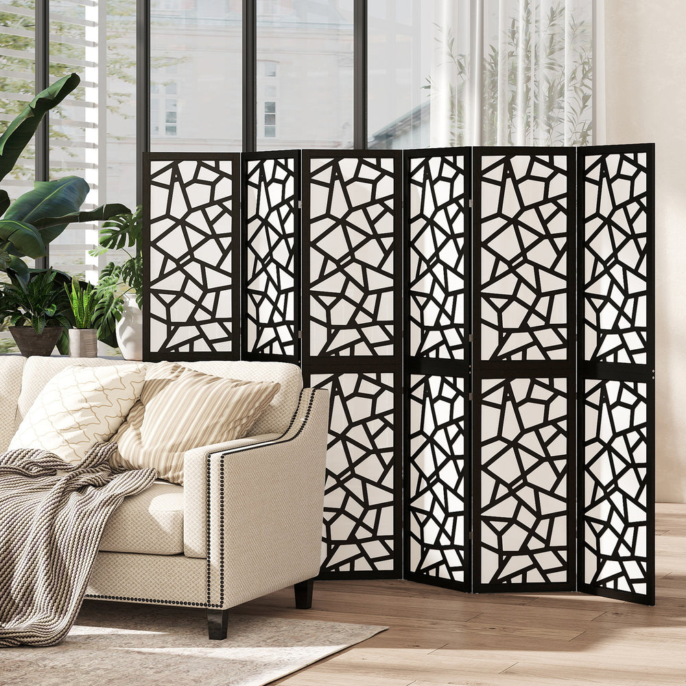 6-panel folding screen, 1.70 m, lightweight and foldable, geometric pattern, black